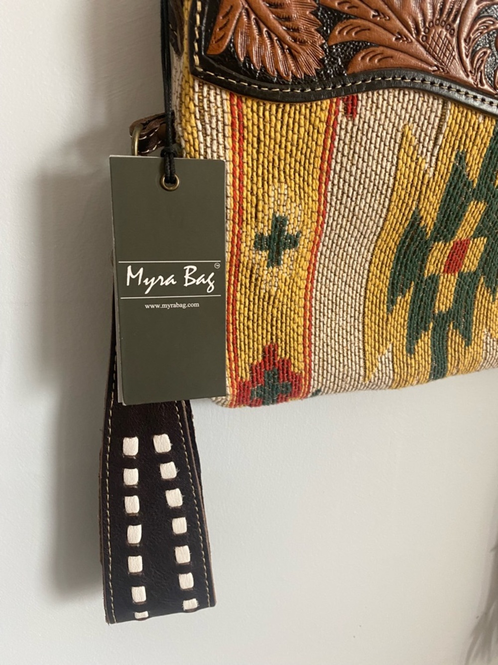 Myra Bag Woven Southwest Crossbody with Tooled Brown Leather Trim - Picture 2 of 9